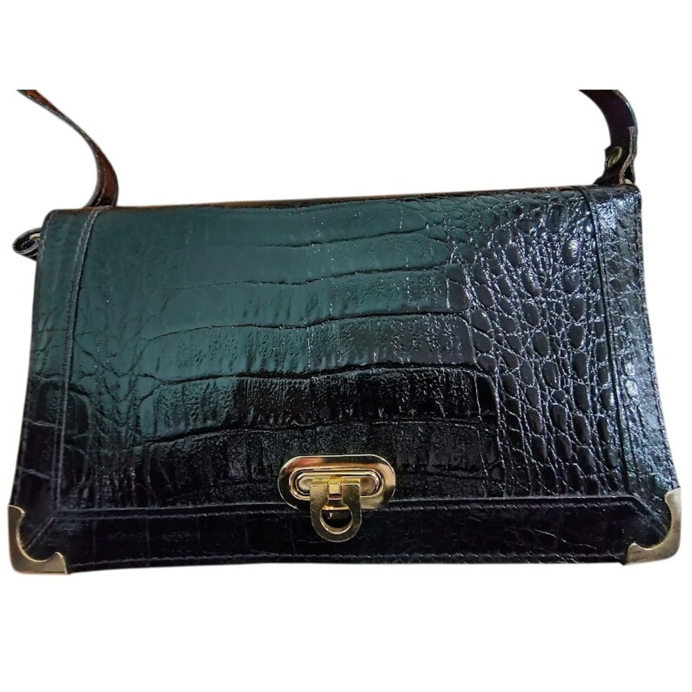 Vintage Black Genuine Leather Crocodile Embossed Shoulder Bag‎ Made in Italy
